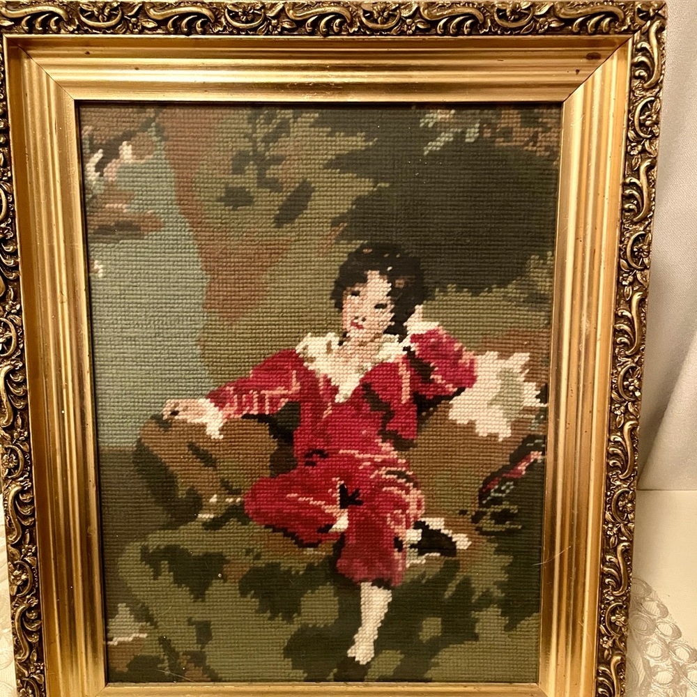 Vintage Framed Needlepoint of The Red Boy // Ornate Gold Frame
